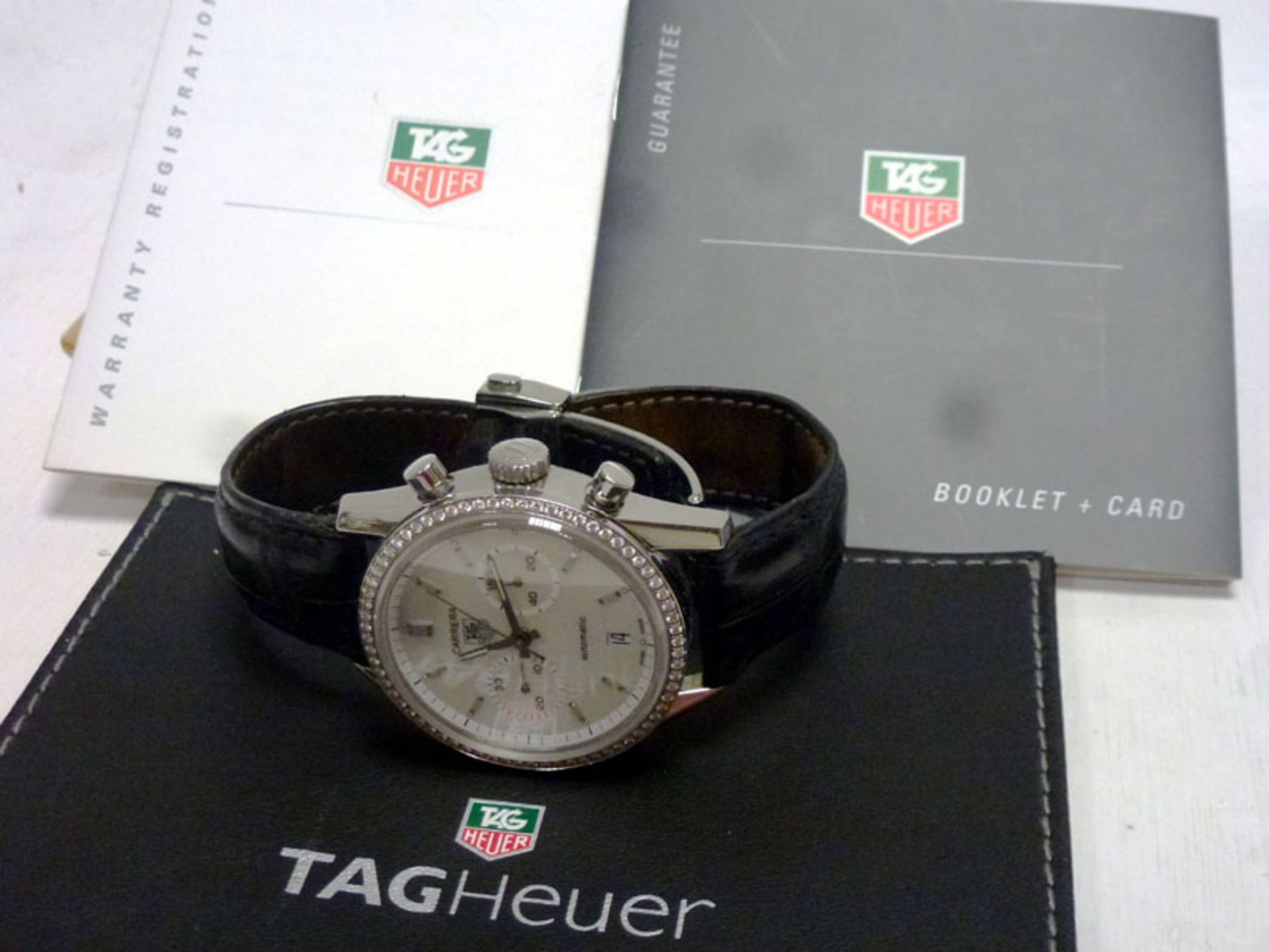 A Tag Heuer 'Carrera' wristwatch, featuring a rare factory white diamond bezel and mother of pearl - Image 3 of 3