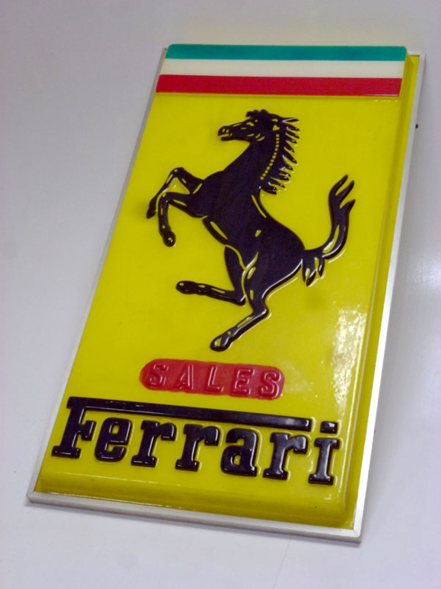 Large yellow Perspex sign with aluminium surround featuring traditional Ferrari prancing horse