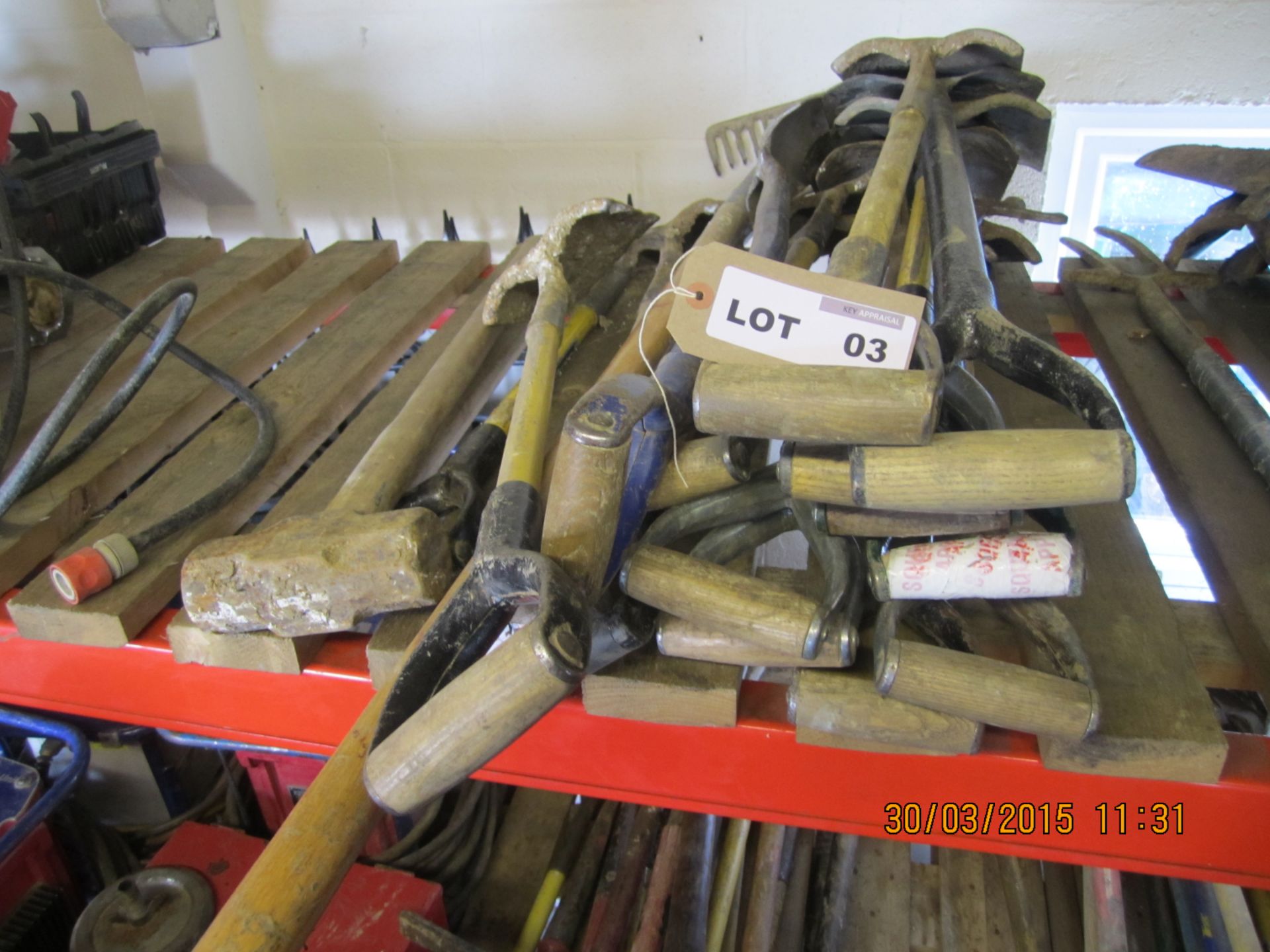 Various hand tools inc: shovels, forks, spades, sledge hammers, etc.