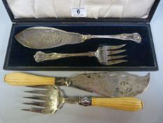 Pair of cased fish servers and one other