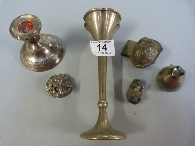 A silver candle stick, vase and a silver mouse etc