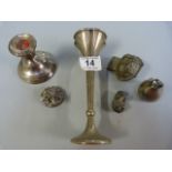 A silver candle stick, vase and a silver mouse etc