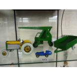 Tin plate tractor,trailer,crane and a small sports