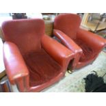 Matched His and Her Leather and red upholstered ch