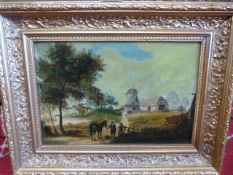 Oil painting of a pastoral scene with a windmill