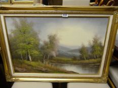Large oil painting depicting a Lake Scene