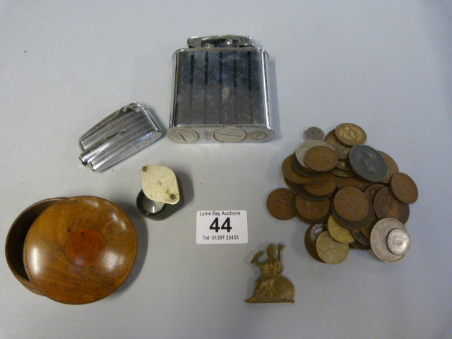 Capri oversized lighter, various coins, loupe etc.