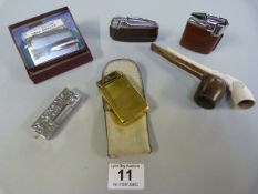 Two Ronson lighters, three others, A Turned wood p