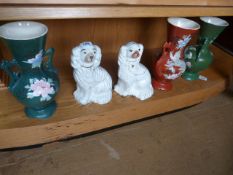 3 Chinese vases and 2 Staffordshire spaniels