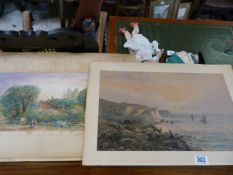 2 unframed watercolours and a print