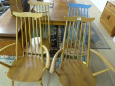 Set of four ercol light elm and beech spindle backed dining chairs- 1 painted