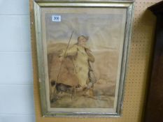 Framed watercolour of shepherd and dog