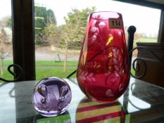 Caithness paperweight and a ruby glass vase