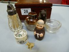 Small mahogany box containing silver topped pepperette, silver mounted miniature Doulton jug,patch