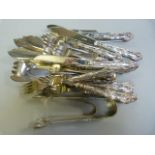 Part set of hallmarked silver handled fish knives and forks, two set of sugar tongs and various