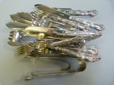 Part set of hallmarked silver handled fish knives and forks, two set of sugar tongs and various