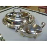 Silver plated entree dish and a sauceboat