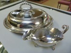 Silver plated entree dish and a sauceboat