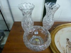 Pair of vases and a large cut glass bowl