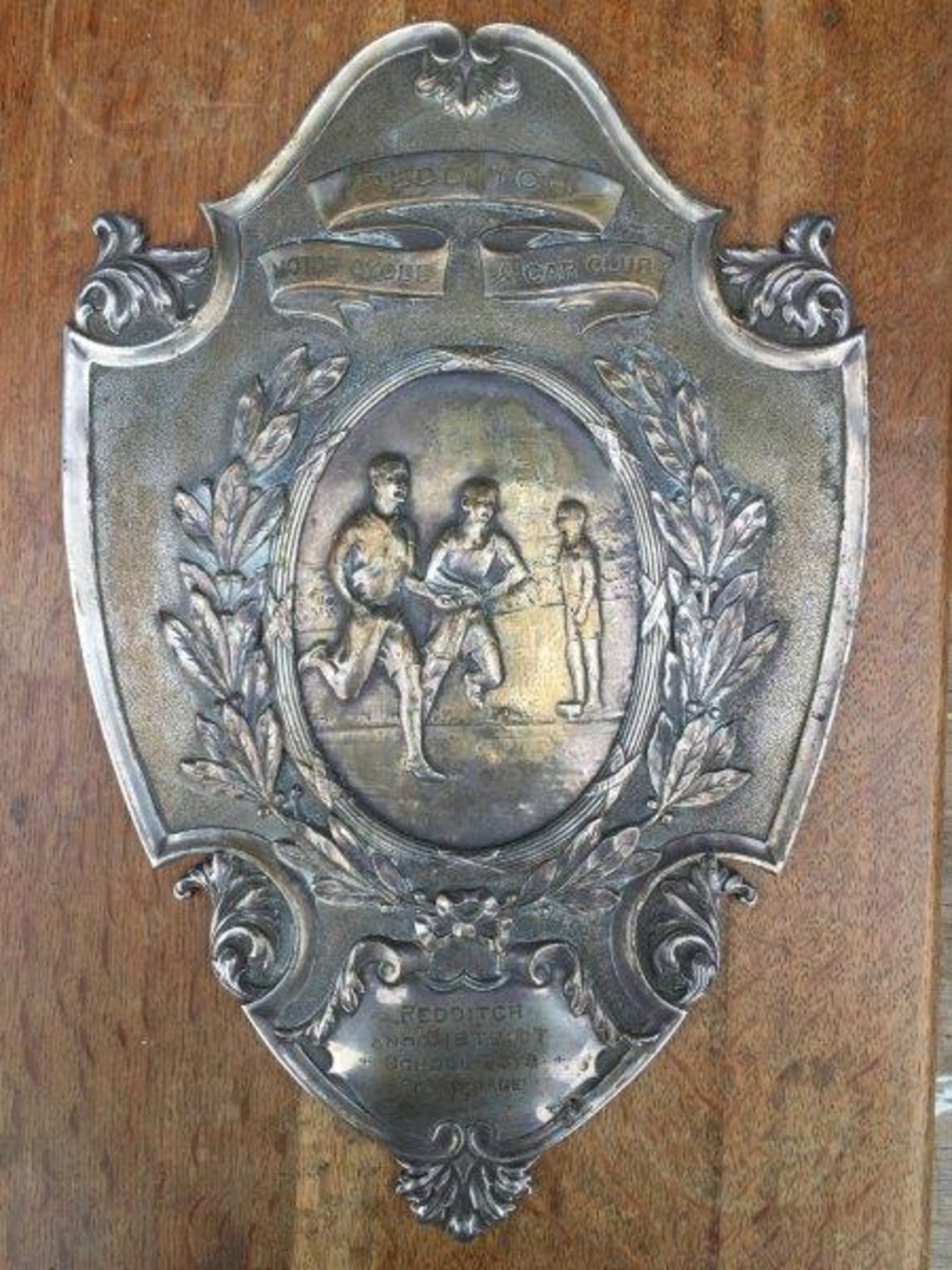 An oak mounted silver plated embossed shield - Redditch Motor Cycle and Car Club, Redditch and