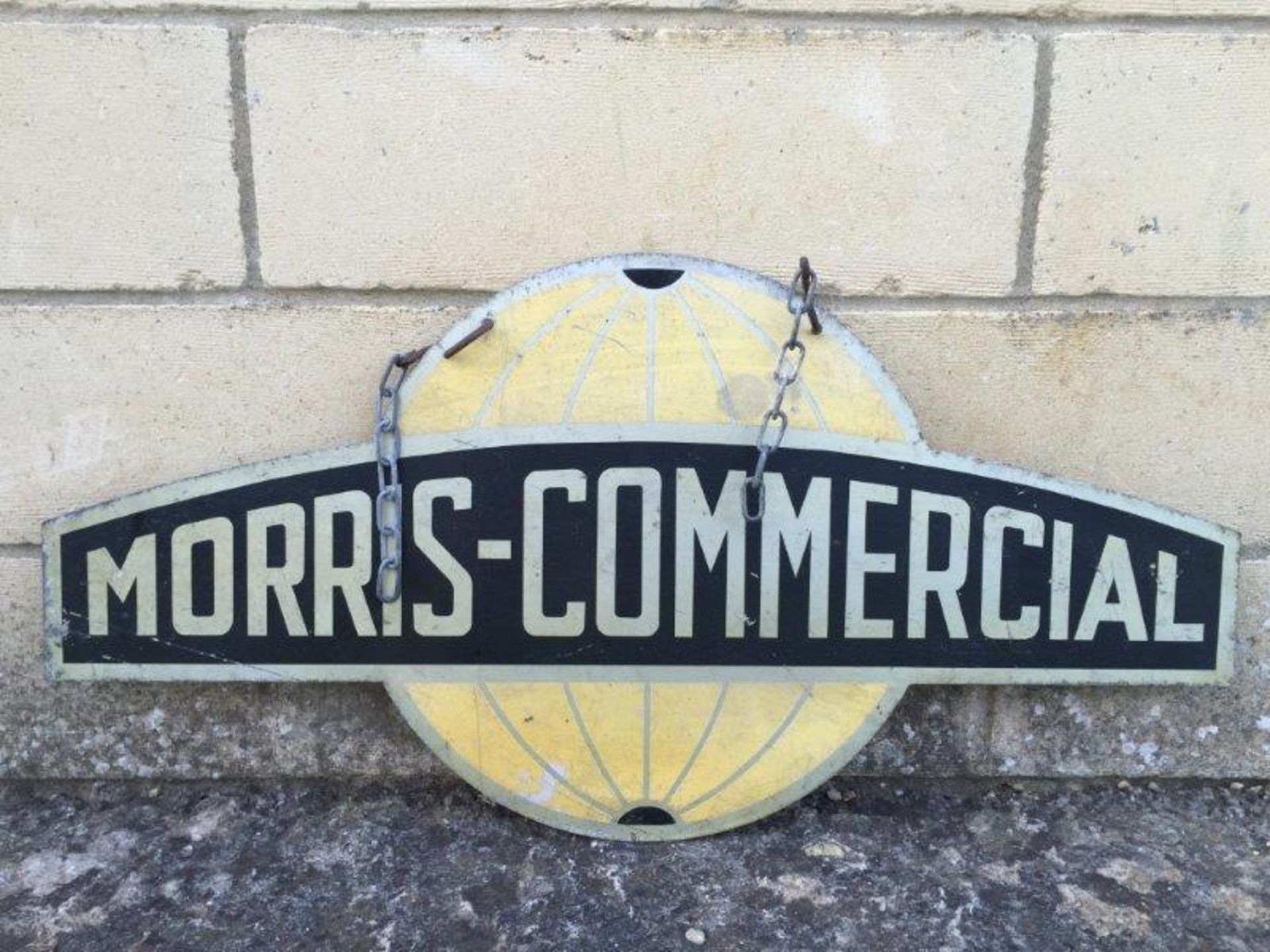 A Morris Commercial shaped double sided aluminium hanging sign with chains, 28 x 14". - Image 2 of 2