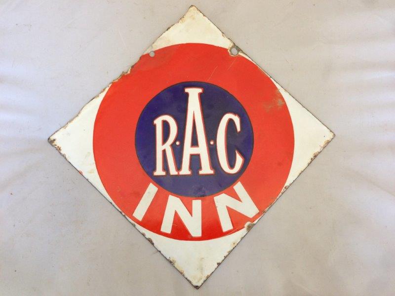An unusual RAC Inn lozenge shaped double sided hanging enamel sign, with restoration and repair to