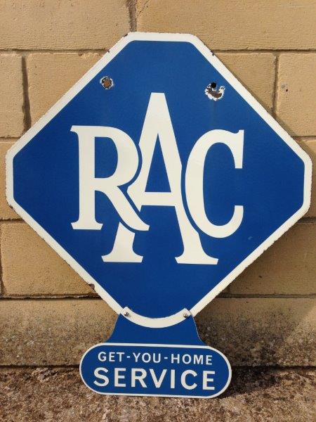 An RAC double sided hanging enamel sign with 'Get You Home Service' enamel attachment, 22 x 26"