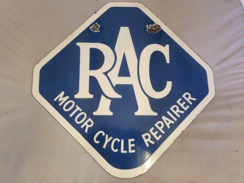 An RAC Motor Cycle Repairer double sided enamel sign, 19 1/2 x 19".