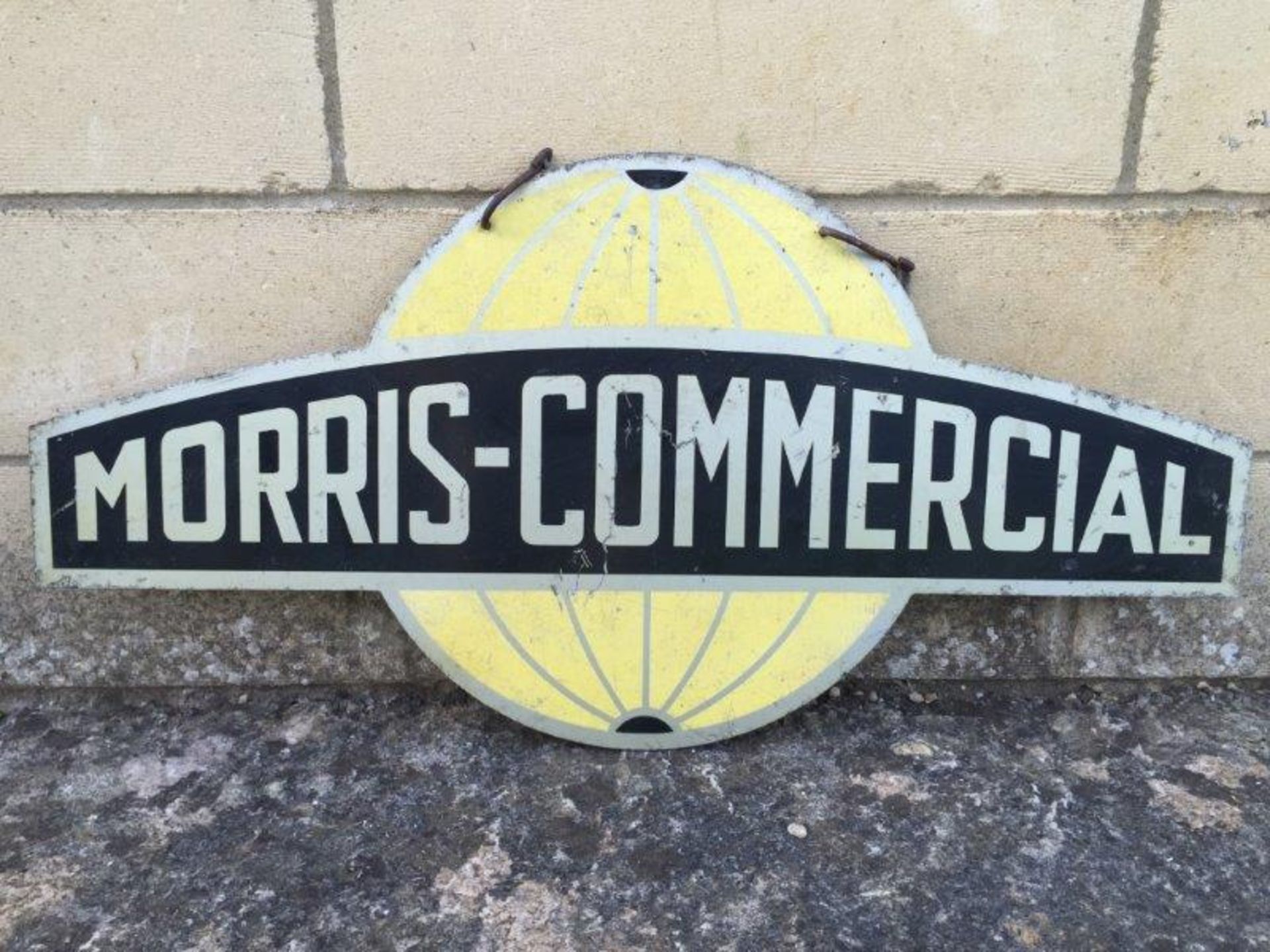 A Morris Commercial shaped double sided aluminium hanging sign with chains, 28 x 14".