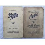 A handbook of the Austin 7 publication no. 1316 and Austin 7 list of spare parts for low frame