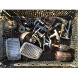A box of assorted Austin 7 parts etc. including a bakelite cased cutout, hub puller, door handles