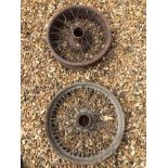 Two splined hub wire wheels, one 19 1/2" diameter, the other 17 1/2" diameter.