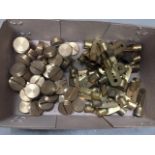 A box containing brand new bronze king pin caps, also a quantity of brand new spark plug 2HT lead