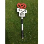 A 'Halt at Major Road Ahead' road sign, on original post, the warning sign stamped Royal Label