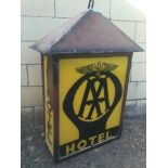 An AA Hotel hanging lightbox of pagoda form, with one original glass front cracked, a damaged