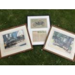 A framed and glazed print and information sheet about the 1898 Duryea and a pair of framed and