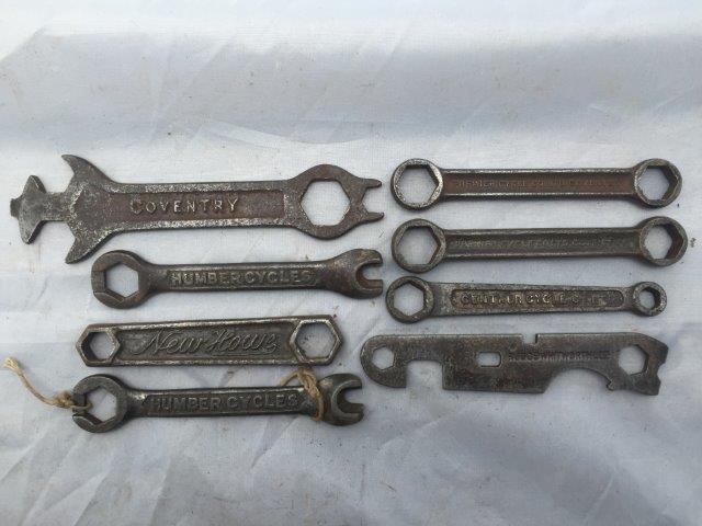 A small collection of early and rare spanners relating to early bicycles including Premier, New