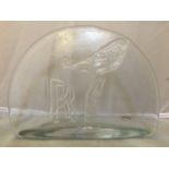 An unusual glass desktop ornament with RR motif and spirit of ecstasy in side profile, signed to