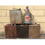 An ROP Motor Spirit two gallon petrol can, three others and an Aladdin Pink Paraffin can.