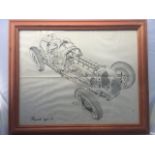 A framed and glazed cut-away print study of a Bugatti type 59 by R. Garraud, June 1972, 23 x 19"