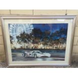 JOHN EVANS - a large framed and glazed coloured print of a racing Porsche at Le Mans racing at night