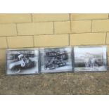 Three framed and glazed black and white prints, two depicting early aviation scenes, the third