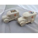 Two crested ware porcelain ambulances, one Western Super Mare, the other Gloucester.