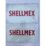 A pair of small, original Shellmex petrol pump glass brand plate panel signs.