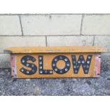 An early wooden double sided road sign - Slow, with integral glass reflectors to both sides, 31"