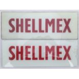 A pair of small, original Shellmex glass petrol pump brand plate panel signs.