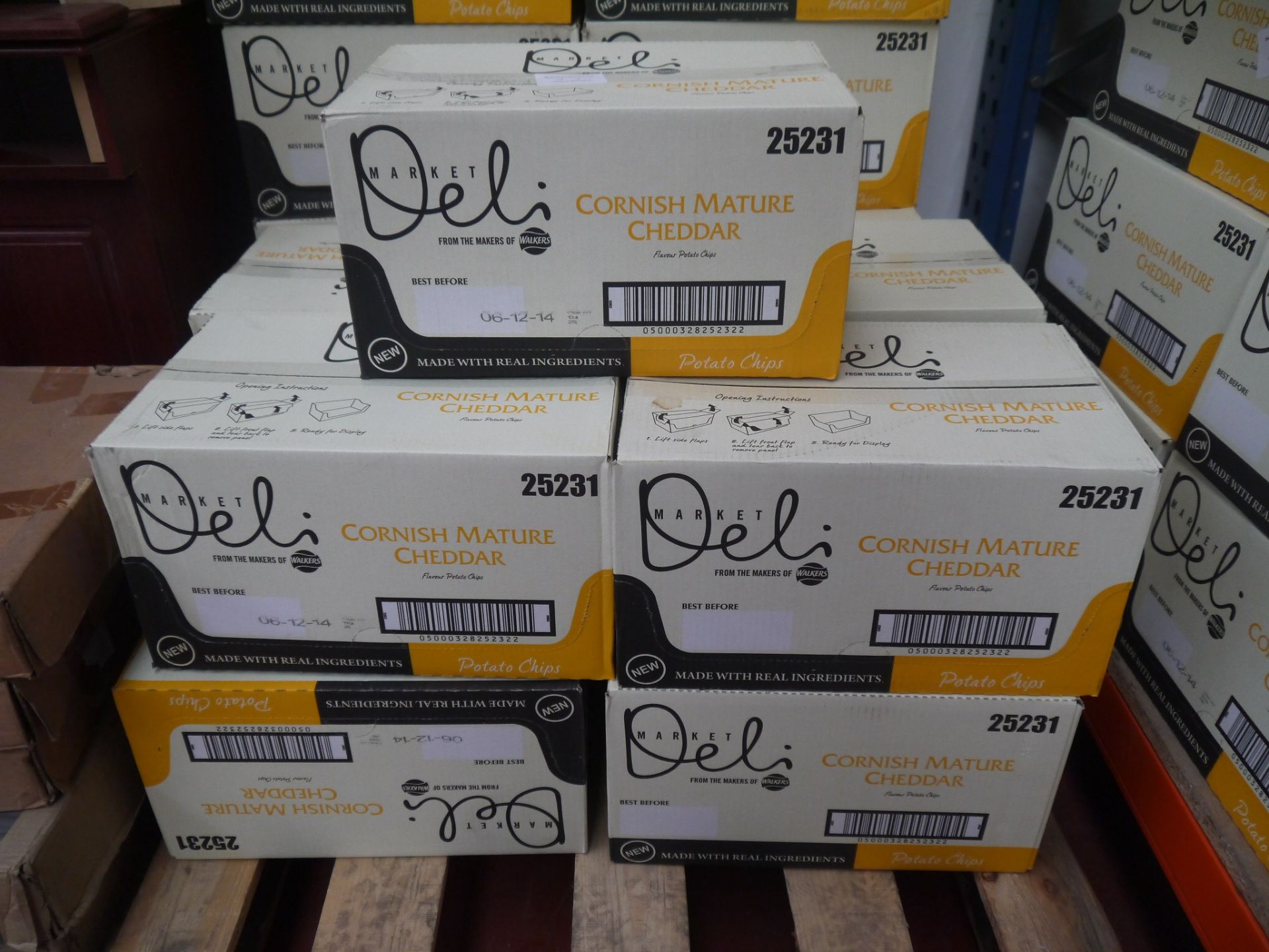 9x Box of 9, 165 g Walkers Deli Cornish Mature Cheddar Crisps. BEST BEFORE 06/12/2014