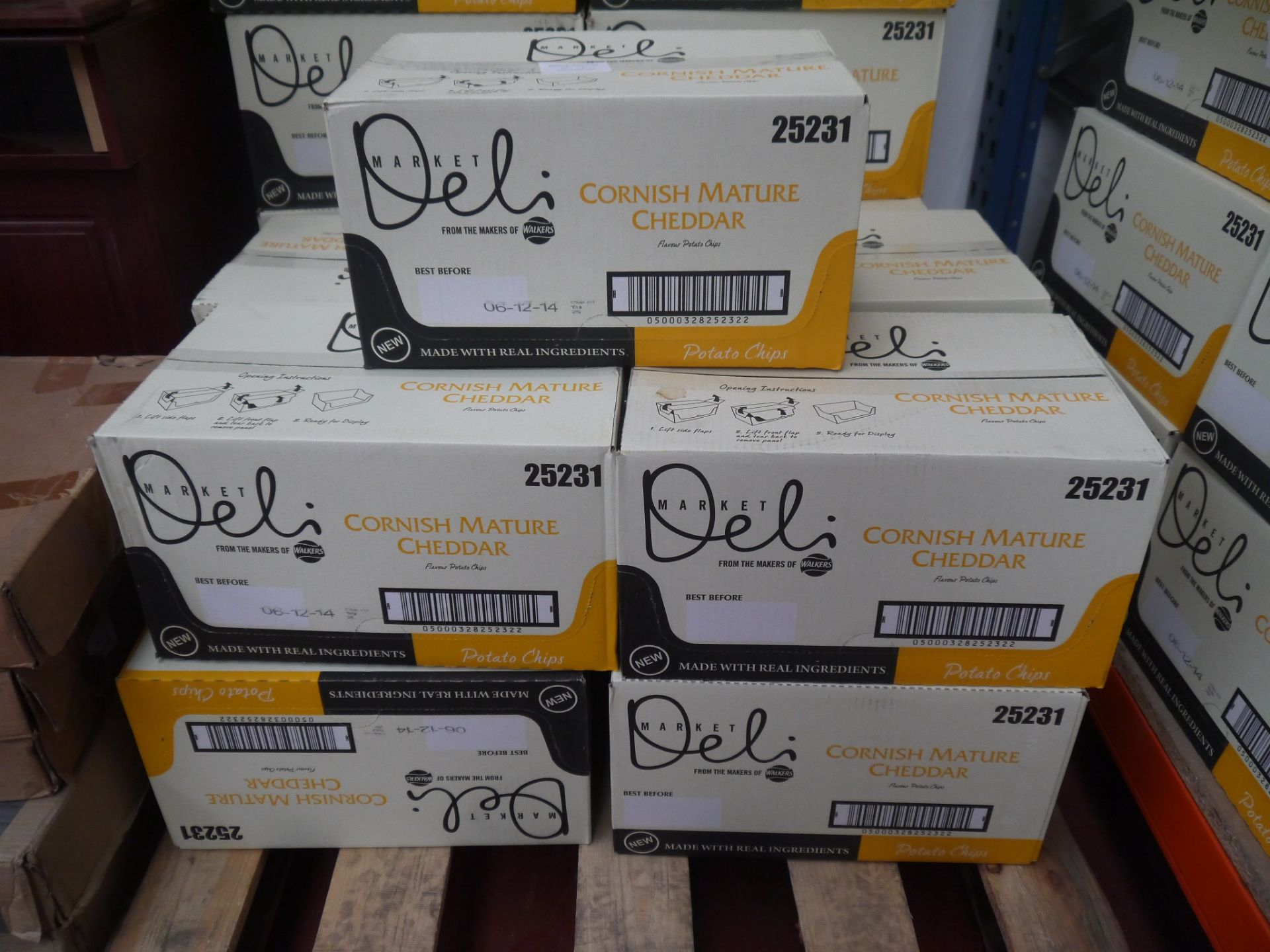 9x Box of 9, 165 g Walkers Deli Cornish Mature Cheddar Crisps. BEST BEFORE 06/12/2014