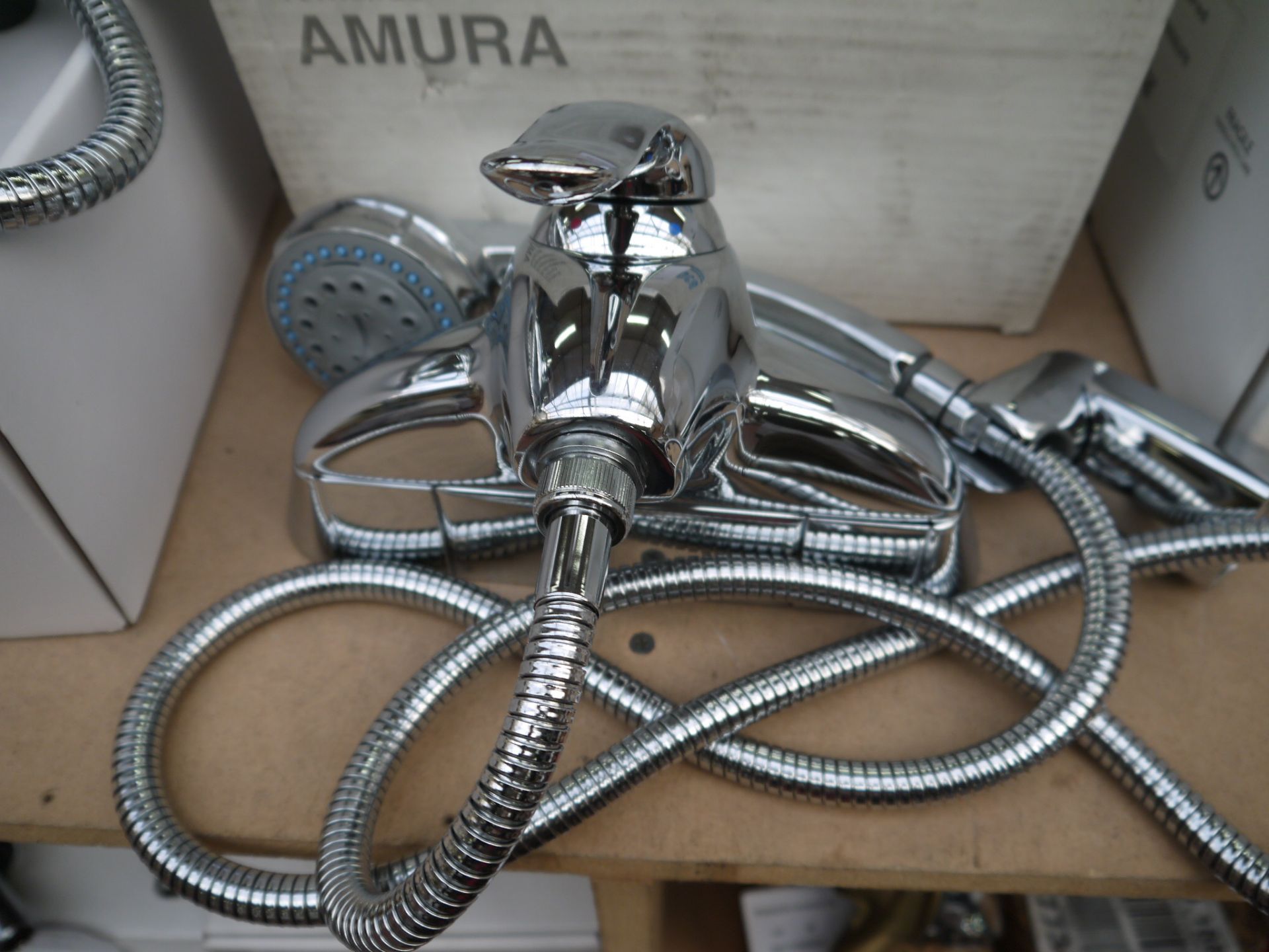 Roca Amra wall mounted shower mixer with hose and shower head, new and boxed