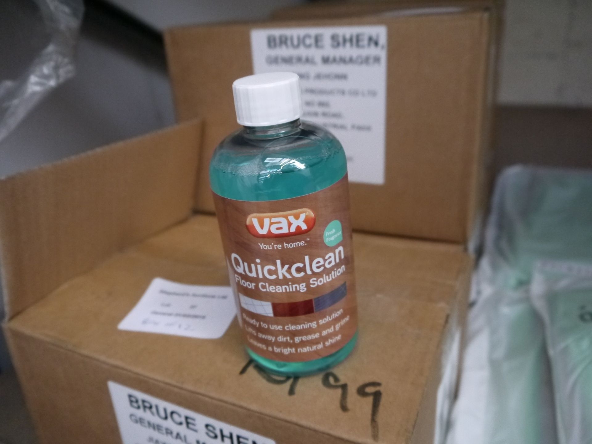 Box of 12, 250 ml bottles of VAC Quickclean, the floor cleaning solution.